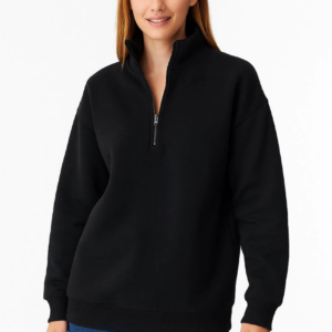 Kadın Üç İplik Dık Yaka Yarım Fermuarlı SweatShirt - Siyah