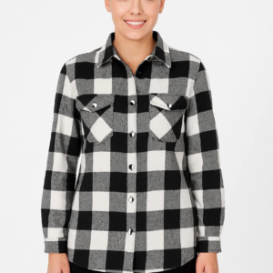 Kadın Oduncu Gömlek Uzun Kollu Şardonlu Kırmızı Beyaz Kareli Desen Regular Fit - Siyah