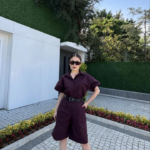 Kadın Yakalı Gömlek Kemerli Şortlu Takım - Bordo