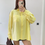 Poplin Kadın Yakalı Yandan Yırtmaçlı Arka Pens Detaylı Gömlek - Sarı