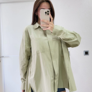 Poplin Kadın Yakalı Yandan Yırtmaçlı Arka Pens Detaylı Gömlek - Yeşil