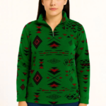 Kadın Yarım Fermuarlı Desenli Polar Sweat Tribal Etnik Desen Yakalı Uzun Kollu - Yeşil
