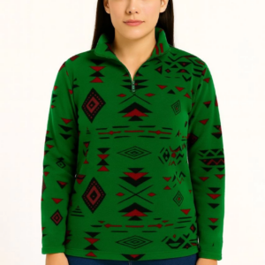 Kadın Yarım Fermuarlı Desenli Polar Sweat Tribal Etnik Desen Yakalı Uzun Kollu - Yeşil