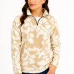 KADIN Yarım Fermuarlı Desenli Polar Sweat Yakalı Uzun Kollu Oversize Kalıp - Bej