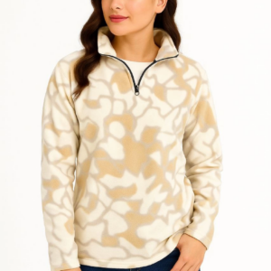 KADIN Yarım Fermuarlı Desenli Polar Sweat Yakalı Uzun Kollu Oversize Kalıp - Bej