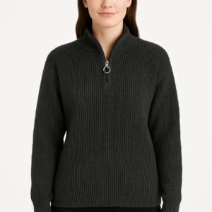 KADIN Yarım Fermuarlı Triko Kazak Selanik Örgü Dik Yaka Pamuklu Dokuma Oversize - Füme