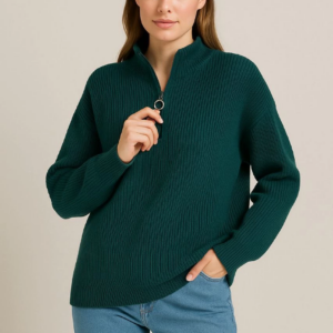 KADIN Yarım Fermuarlı Triko Kazak Selanik Örgü Dik Yaka Pamuklu Dokuma Oversize - Haki