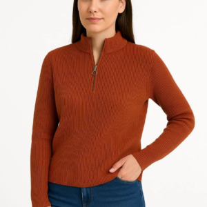 KADIN Yarım Fermuarlı Triko Kazak Selanik Örgü Dik Yaka Pamuklu Dokuma Oversize - Kiremit