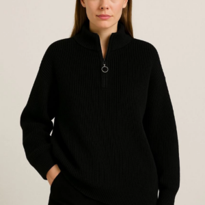 KADIN Yarım Fermuarlı Triko Kazak Selanik Örgü Dik Yaka Pamuklu Dokuma Oversize - Siyah