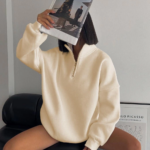 Kadın Yarım Fermuarlı Üç İplik Sweatshirt - Bej