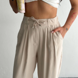 Kadın Yüksel Bel Beli Bağcıklı Rahat Boru Paça Pantalon - Kırık Beyaz