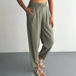 Kadın Yüksel Bel Beli Bağcıklı Cepli Rahat Paça Pantalon - Su Yeşili