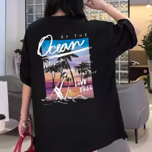 Kadınlar İçin Geniş Kesim Tişört - Kısa Kollu Bol Kesim Manzaralı Okyanus Baskı - Siyah