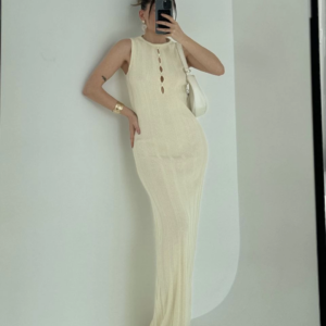 Kalın Fitilli Uzun Triko Elbise - Kırık Beyaz