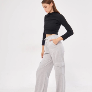 Kadın Yüksek Bel Kargo Cepli Palazzo Pantolon Oversize Bol Paça İki İplik Rahat Kesim - Gri