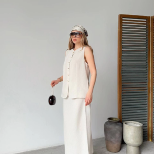 Keten Kolsuz Sıfır Yaka İlik Düğmeli Kolsuz Hırka Etek ikili Takım - Beyaz