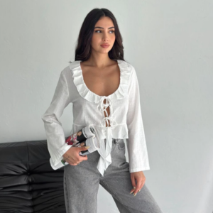 Keten Uzun Kol Bağacık Detaylı Bluz - Beyaz