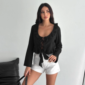 Keten Uzun Kol Bağacık Detaylı Bluz - Siyah