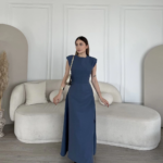 Keten Yandan Yırtmaçlı Uzun Elbise Sıfır Kol Elbise - Mavi