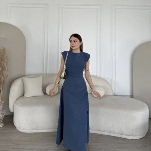 Keten Yandan Yırtmaçlı Uzun Elbise Sıfır Kol Elbise - Mavi