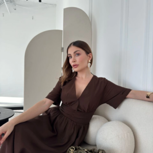 Kısa Kollu Uzun Elbise - Kahve