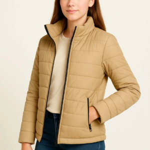 Kız Çocuk Şişme Mont Hafif ve Sıcak Tutucu Fermuarlı Su İtici Mont Kapüşonuz Modern - Bej