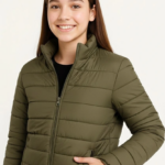 Kız Çocuk Şişme Mont Hafif ve Sıcak Tutucu Fermuarlı Su İtici Mont Kapüşonuz Modern - Haki