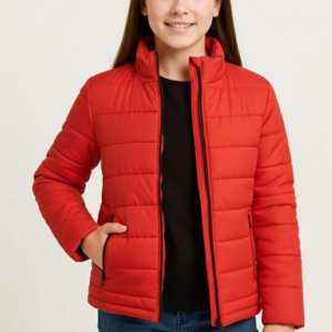 Kız Çocuk Şişme Mont Hafif ve Sıcak Tutucu Fermuarlı Su İtici Mont Kapüşonuz - Kırmızı