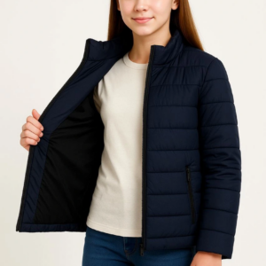 Kız Çocuk Şişme Mont Hafif ve Sıcak Tutucu Fermuarlı Su İtici Mont Kapüşonuz - Lacivert