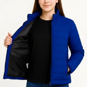 Kız Çocuk Şişme Mont Hafif ve Sıcak Tutucu Fermuarlı Su İtici Mont Kapüşonuz - Saks Mavisi