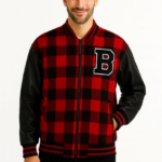 Erkek Kolej Ceket Kareli Oduncu Kolları Suni Deri Fermuarlı İçi Kapitone Astarlı - Bordo