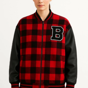 Kadın Kolej Ceket Kareli Oduncu Kolları Suni Deri Fermuarlı İçi Kapitone Astarlı - Bordo