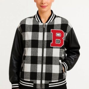 Kadın Kolej Ceket Kareli Oduncu Kolları Suni Deri Fermuarlı İçi Kapitone Astarlı - Gri