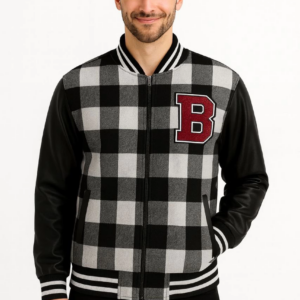 Erkek Kolej Ceket Kareli Oduncu Kolları Suni Deri Fermuarlı İçi Kapitone Astarlı - Gri