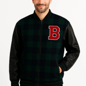 Erkek Kolej Ceket Kareli Oduncu Kolları Suni Deri Fermuarlı İçi Kapitone Astarlı - Haki