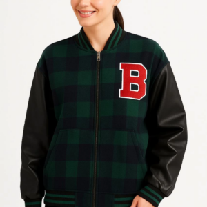 Kadın Kolej Ceket Kareli Oduncu Kolları Suni Deri Fermuarlı İçi Kapitone Astarlı - Haki