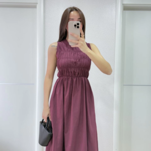 Kolsuz Göğüs Lastıklı %100 Poplin Uzun Elbise - Bordo