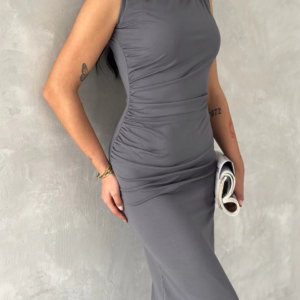 Kolsuz Yırtmaçlı Uzun maxı boy Elbise - Gri