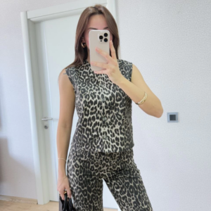 leopar desenli Düğmeli Bluzlu Pantolon İkili Takım -Leopar