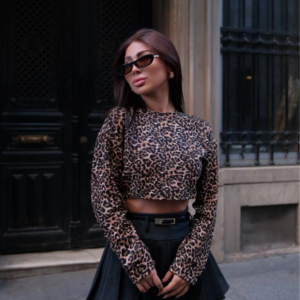 Leopar desenli Uzun Kollu Crop - Leopar