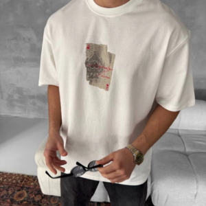 ERKEK Ön ve Arka Baskılı Oversize Bisiklet Yaka - Beyaz