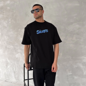 erkek Baskılı Oversize Bisiklet Yaka T-shirt- Siyah
