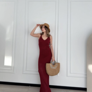 Örgülü Uzun Triko Elbise - Bordo