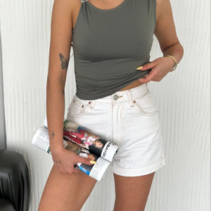 Osy Modal Yumuşak Dokulu Bisiklet Yaka Kadın Sıfır Kol Bluz Omuz Toka Aksesuar - Haki