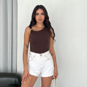 Osy Modal Yumuşak Dokulu Bisiklet Yaka Kadın Sıfır Kol Bluz Omuz Toka - Kahverengi