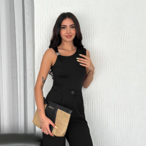 Osy Modal Yumuşak Dokulu Bisiklet Yaka Kadın Sıfır Kol Bluz Omuz Toka Aksesuar - Siyah