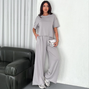 Osy Modal Yumuşak Dokulu Kumaş Bisiklet Yaka T-shirt Bol paça Pantalon ikili Takım - Boyalı Gri