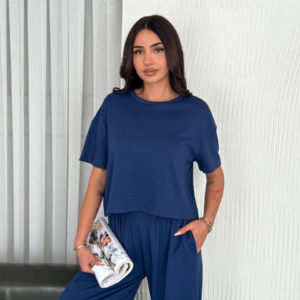Osy Modal Yumuşak Dokulu Kumaş Bisiklet Yaka T-shirt Bol paça Pantalon ikili Takım -Saks Mavi