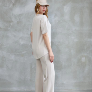 Osy Modal Yumuşak dokulu Bisiklet Yaka Taş detaylı Kısa Kollu Takım - Kırık Beyaz