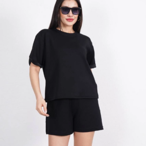 Osy Modal yumuşak dokulu Kumaş Kadın Bisiklet Yaka T-shirt Kısa Şort İkili Takım - Siyah